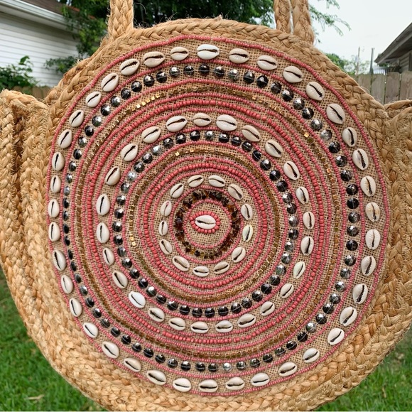ANTIK Kraft Beaded Circle Tote Coral - Picture 2 of 4